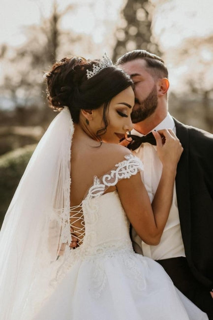 Ball Gown Off the shoulder White Garden Wedding Dress - Fashionpara