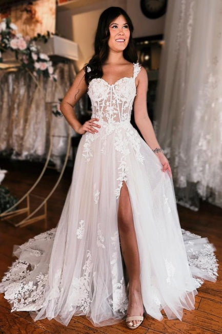 A-line Off the shoulder Lace Wedding Dress with High Split - Fashionpara