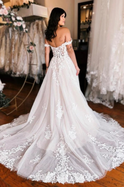 A-line Off the shoulder Lace Wedding Dress with High Split - Fashionpara