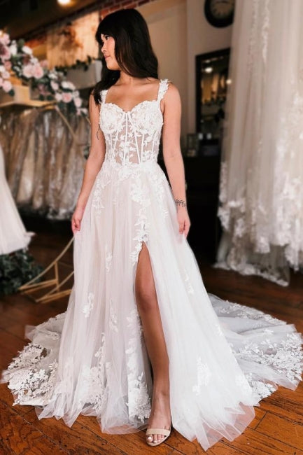 A-line Off the shoulder Lace Wedding Dress with High Split - Fashionpara