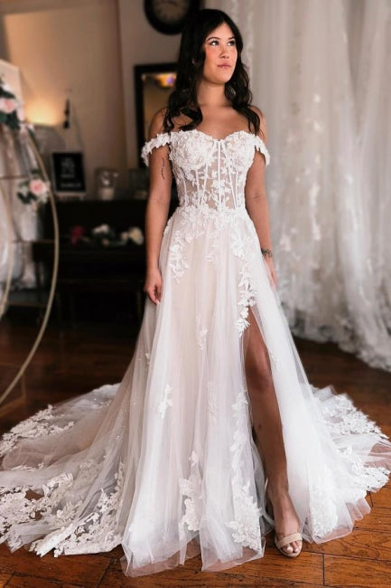 A-line Off the shoulder Lace Wedding Dress with High Split - Fashionpara