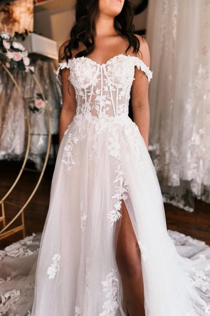 A-line Off the shoulder Lace Wedding Dress with High Split - Fashionpara