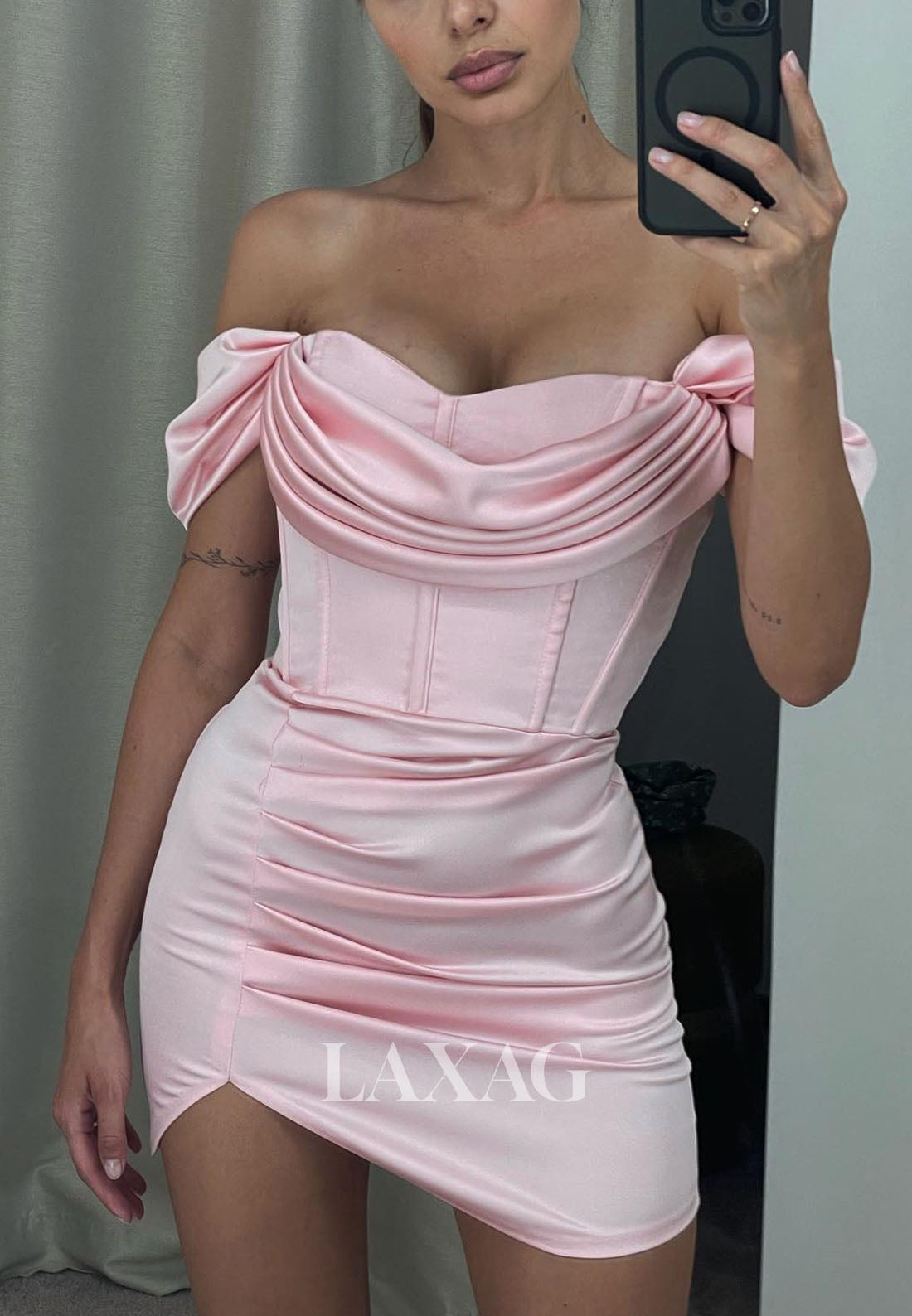 Off Shouder Pleated Sleek Satin Fitted Party Homecoming Dress - Fashionpara