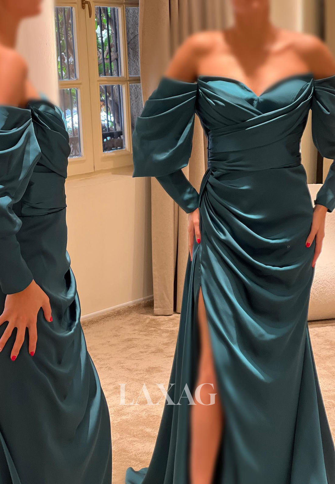 23160 - Off Shoulder Long Sleeves High Slit Party Prom Formal Evening Dress with Train - Fashionpara