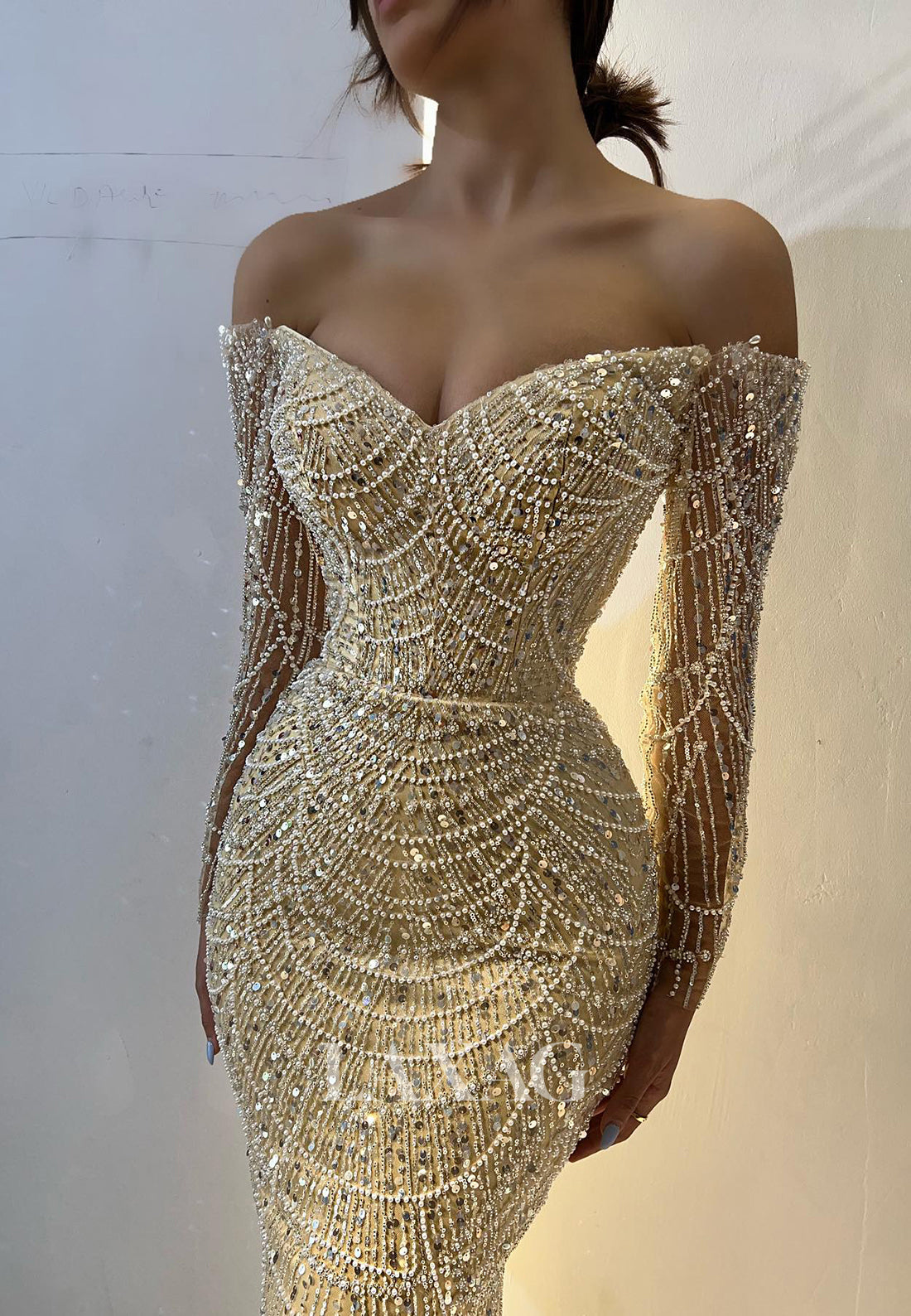 23175 - Off Shoulder Long Sleeves Sequins Mermaid Party Prom Formal Evening Dress with Train - Fashionpara
