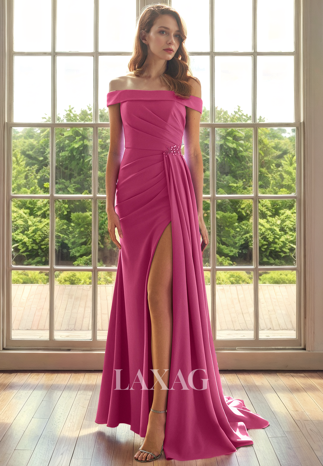 Off Shoulder Pleated Sleek Satin Mother of the Bride Dress with Slit and Train