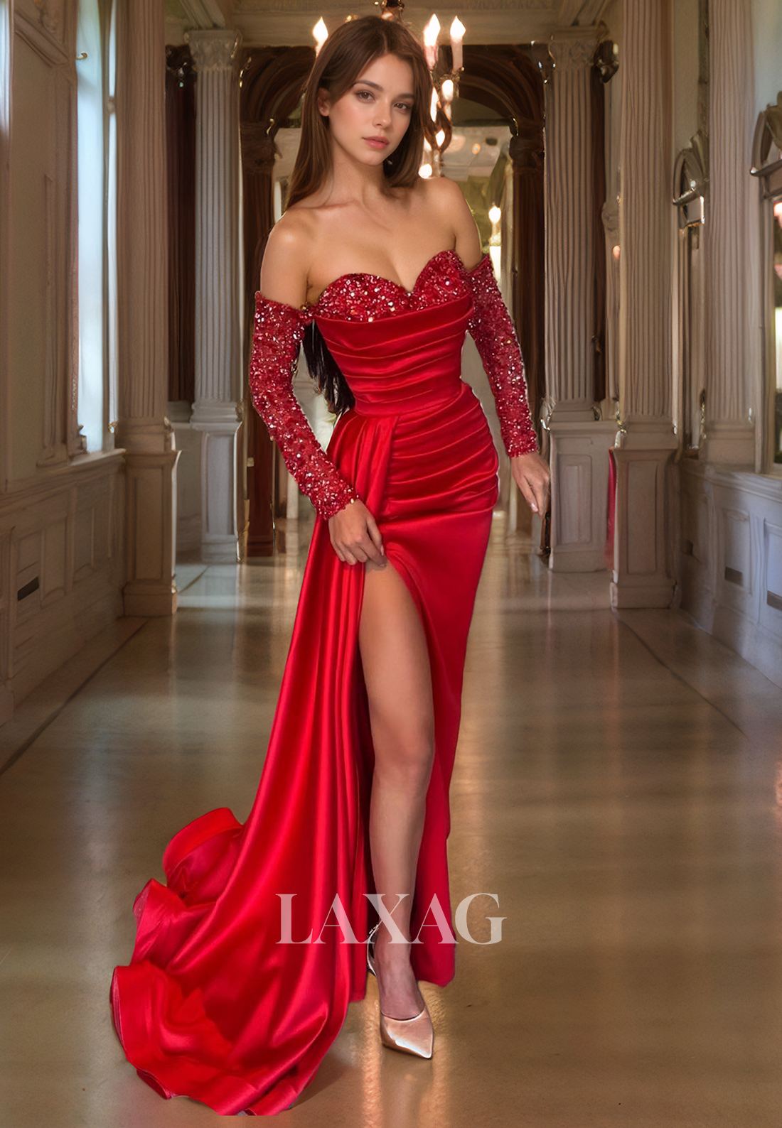 21853 - Sleeves Thigh Slit Sequins Satin Red Prom Evening Dress