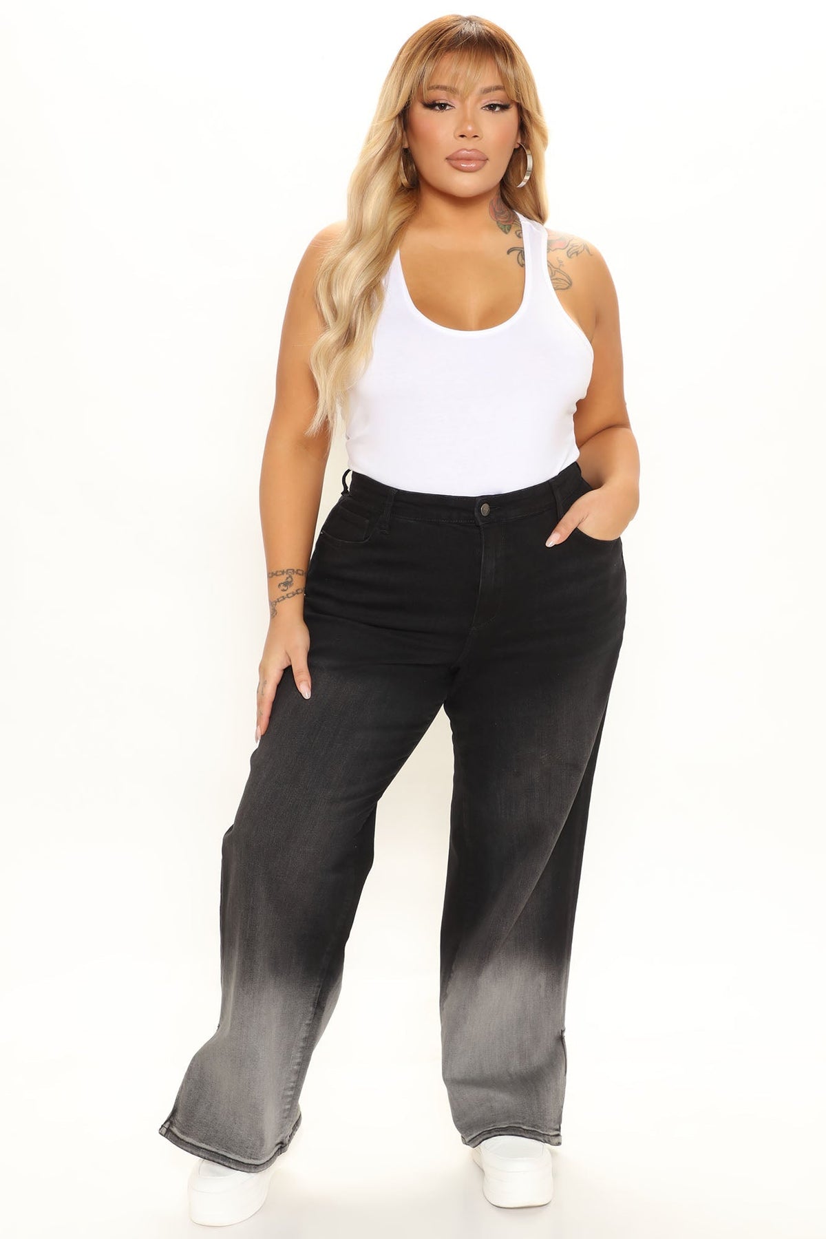 KittenAlarm - Ombre All Day Slit Hem Wide Leg Jeans - Black