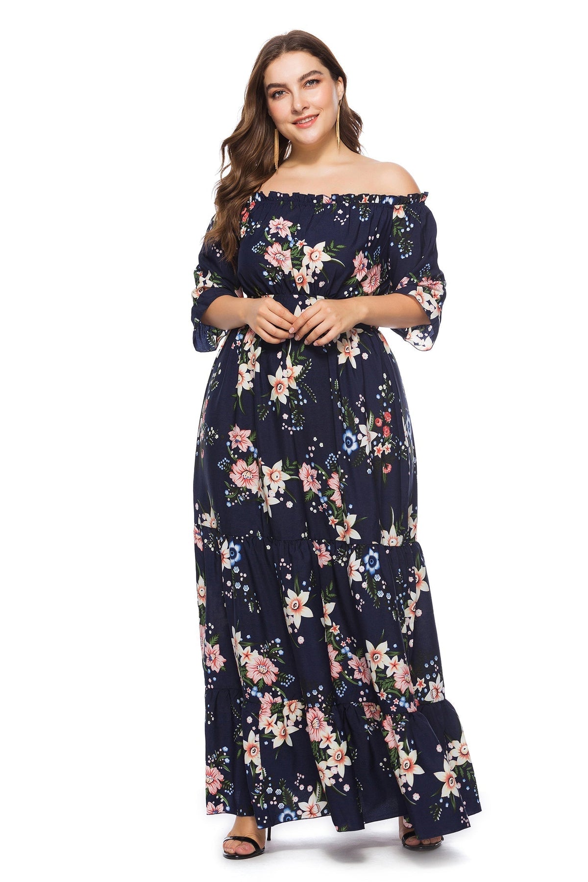 Floral Print Off Shoulder Ruffle Sleeve Tiered Maxi Dress