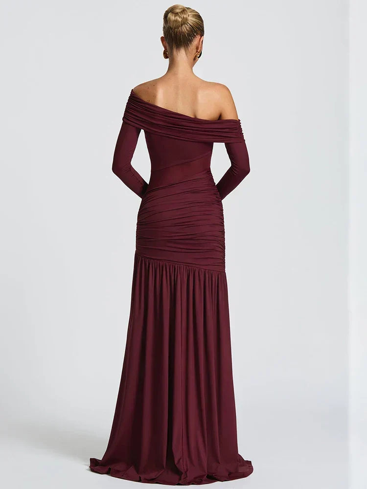 One Shoulder Long Sleeve Ruched High Slit Maxi Gown 4