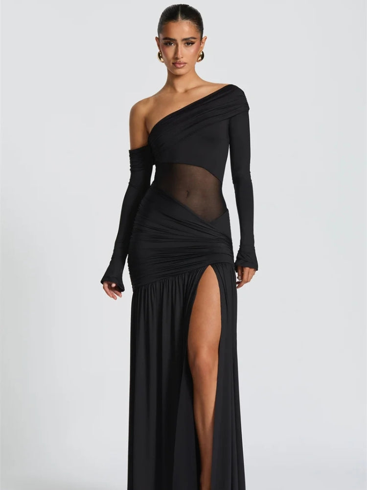 One Shoulder Long Sleeve Ruched High Slit Maxi Gown 5