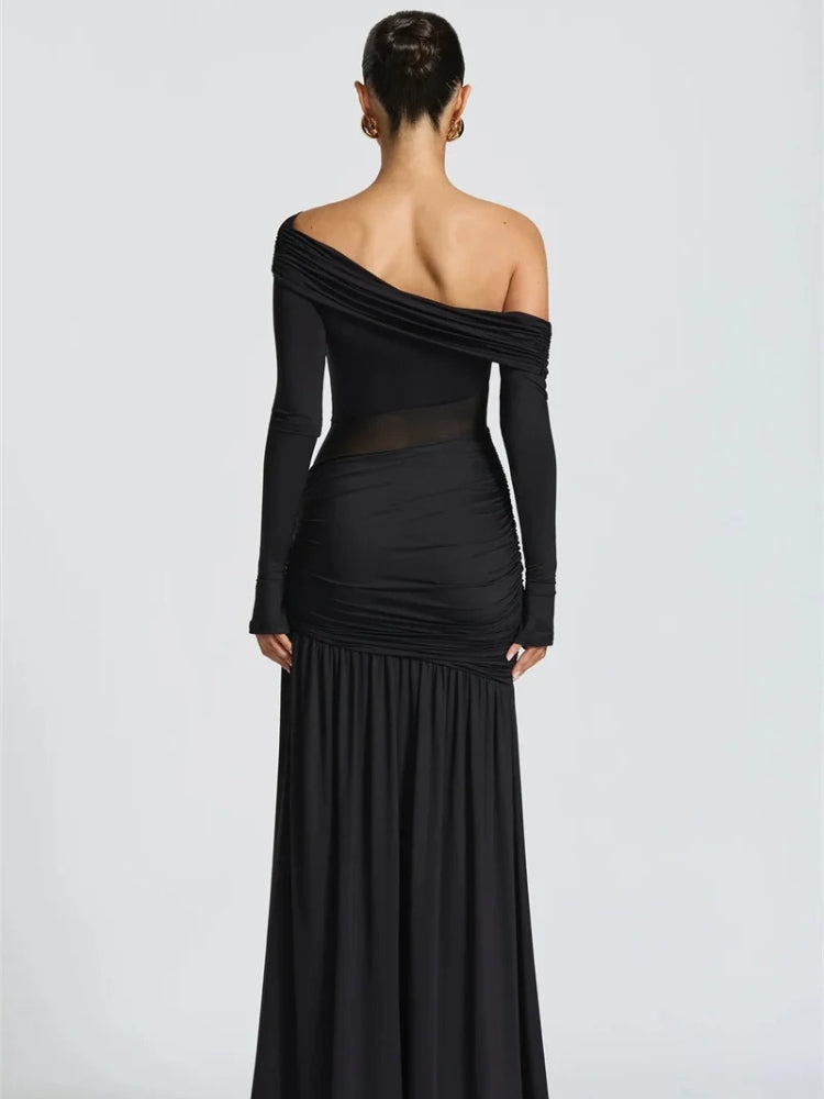 One Shoulder Long Sleeve Ruched High Slit Maxi Gown 7