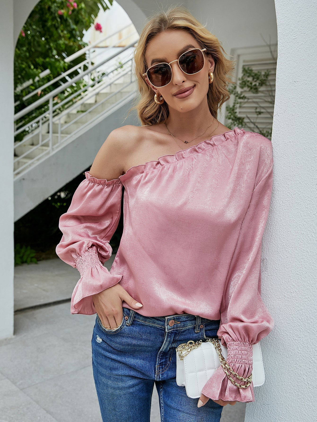 One Shoulder Puff Sleeve Blouse - Fashionpara