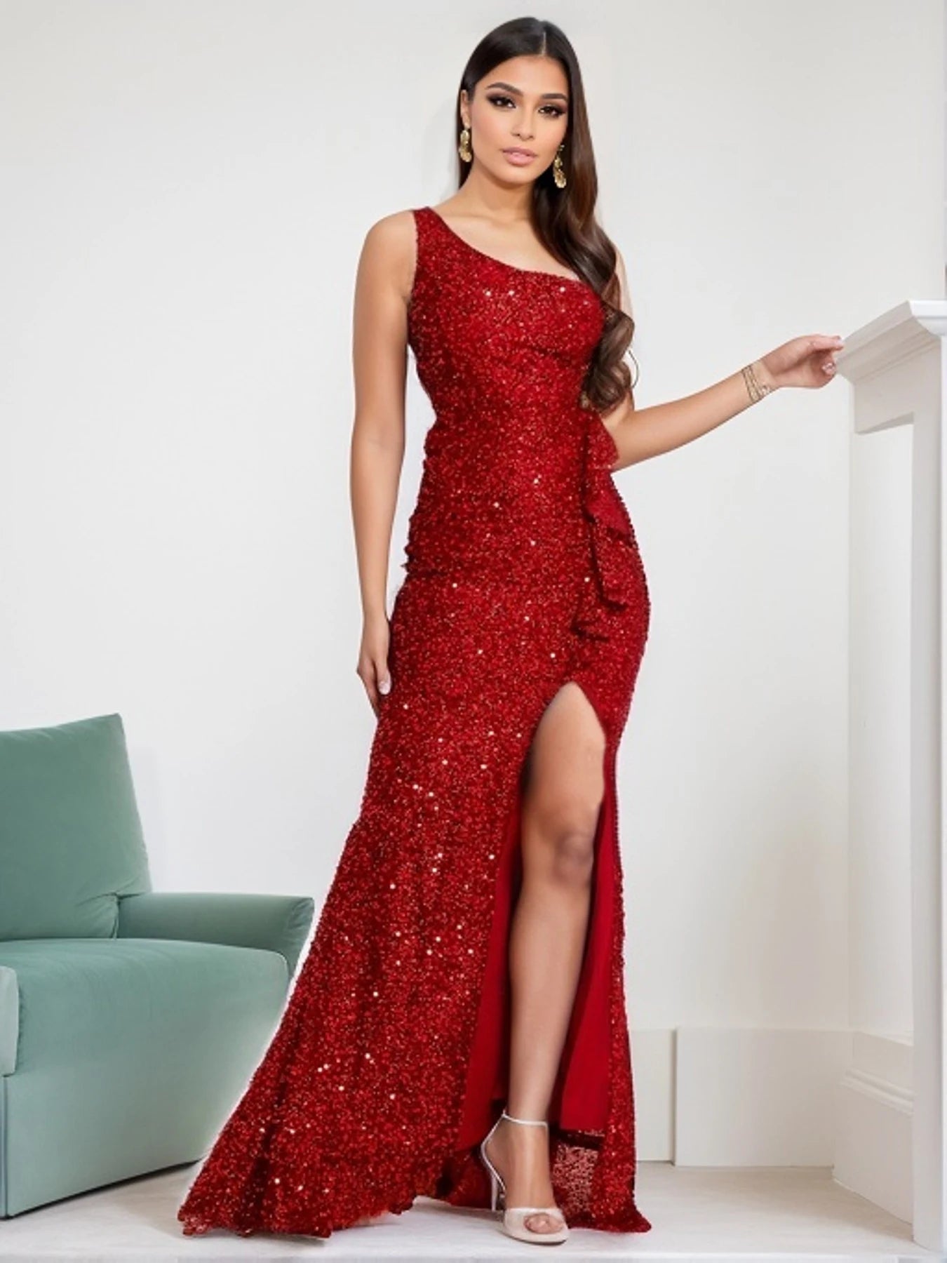 Red Sequined One Shoulder Ruffles Slit Evening Party Dress - Fashionpara