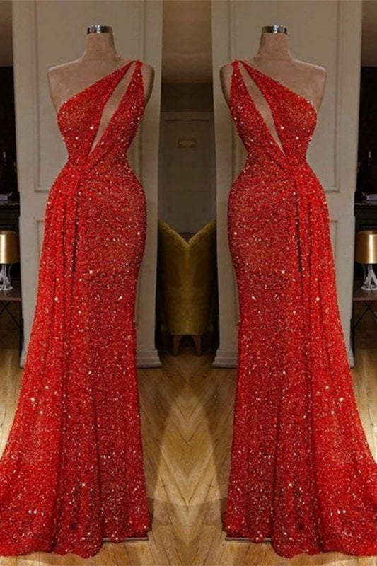One Shoulder Red Sexy Sequins Long Prom Evening Dresses