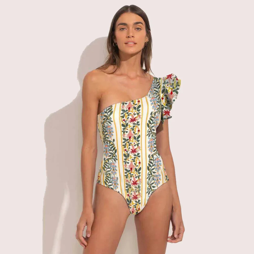 Ruffled Printed Asymmetrical Swimsuit One Piece - Fashionpara