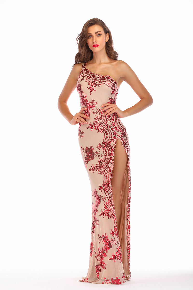 One Shoulder Sequined Thigh-high Slit Prom Dress - Mislish