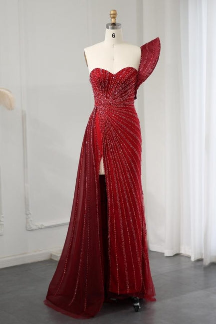 Beatiful Wine Red One Shoulder High Split Beadings Evening Dress - Fashionpara