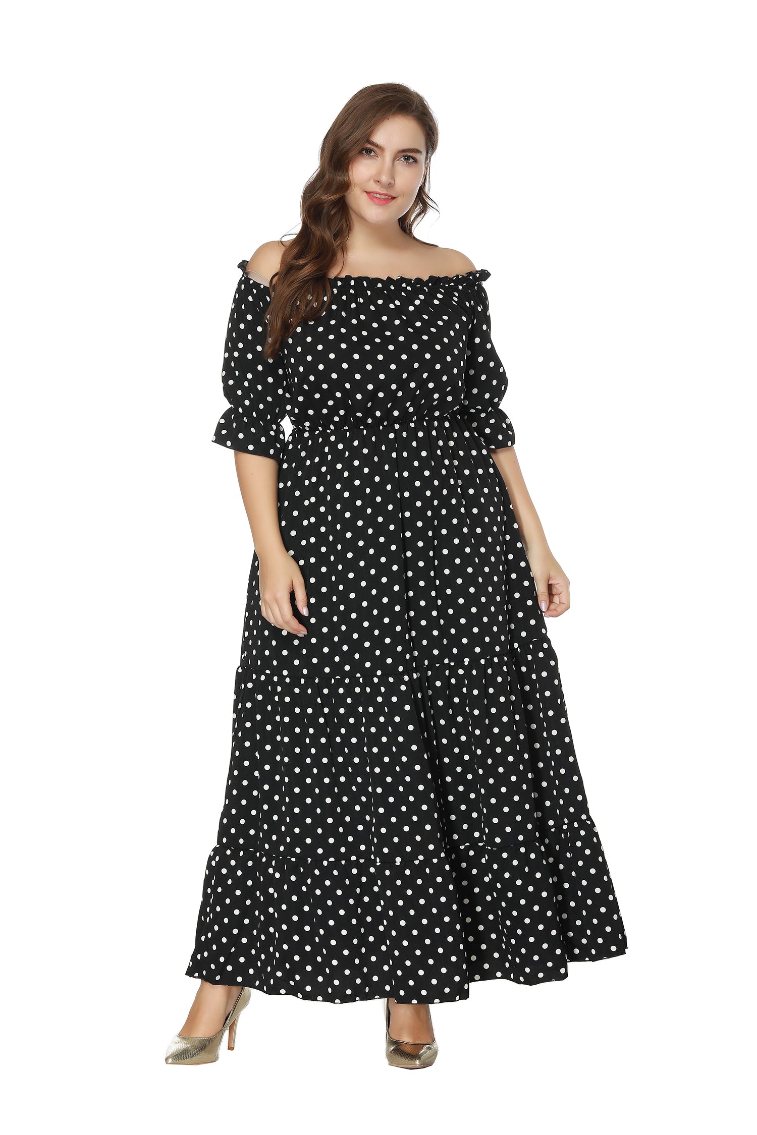 One-line Collar Plus Size Polka Dot Dress - Fashionpara