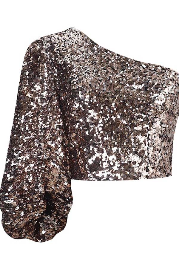 Sparkly Chic One Sleeve Sequined Women's Top