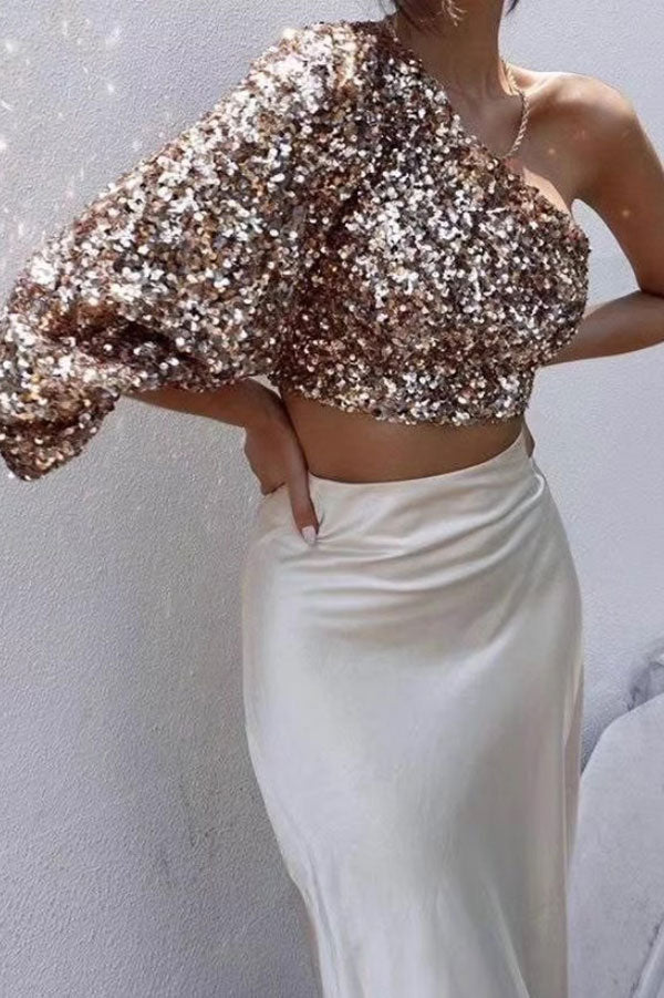 Sparkly Chic One Sleeve Sequined Women's Top