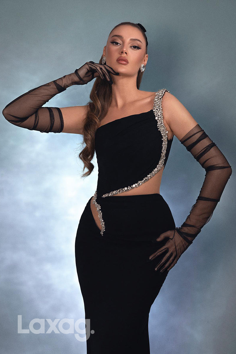 22290 - One Shoulder Beaded Cutout Sleek Satin Mermaid Party Prom Formal Evening Dress - Fashionpara