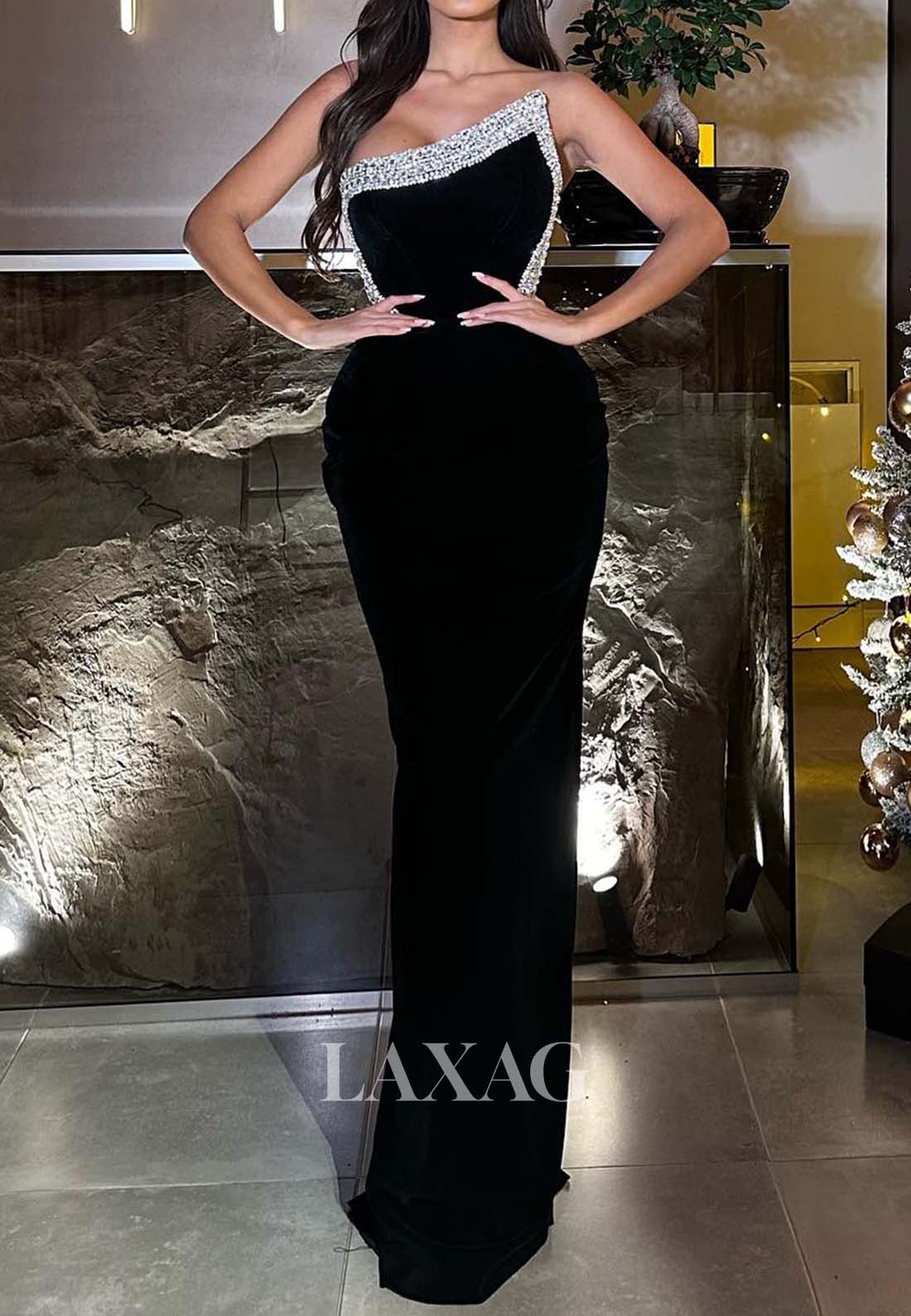 Asymmetrical-Neck Beaded Satin Mermaid Prom Dress Off-Shoulder Sleeveless Floor-Length Evening Gowns