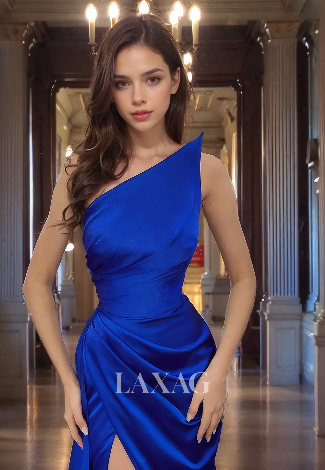 20723 - One Shoulder Pleats High Split Long Prom Dress