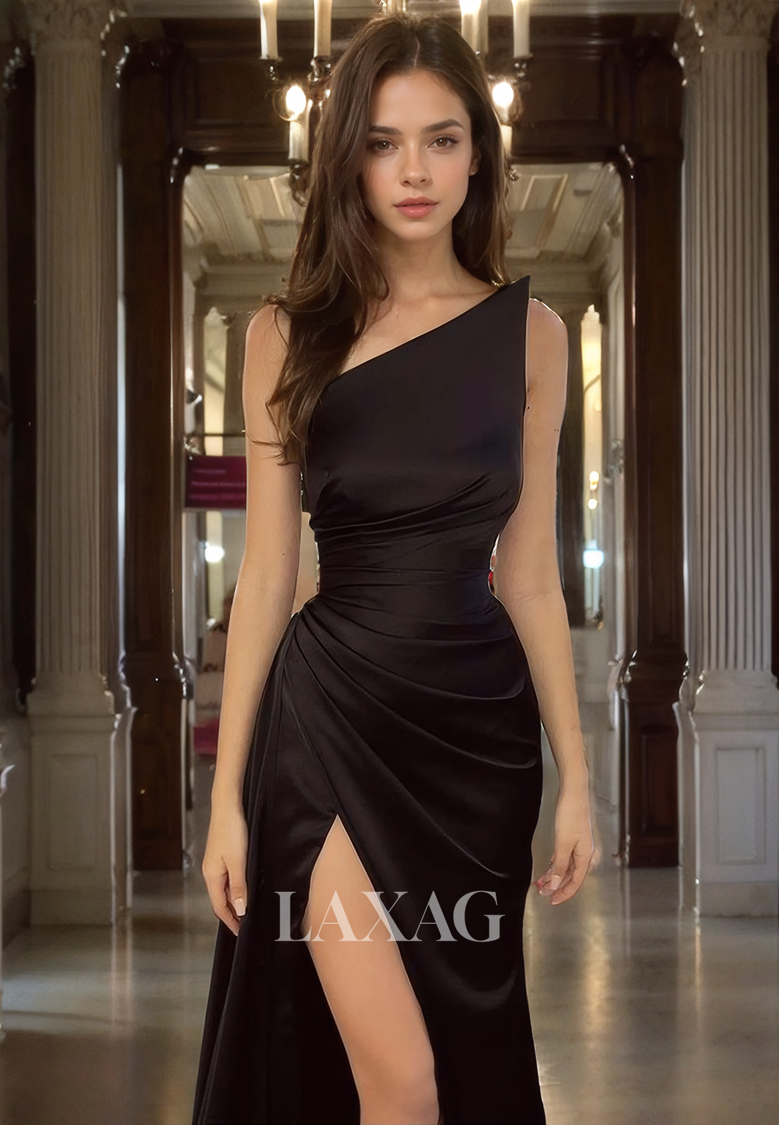 20723 - One Shoulder Pleats High Split Long Prom Dress