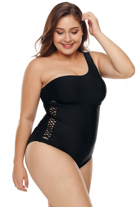 One Shoulder Grid Cutout Side Plus Size One Piece Swimwear