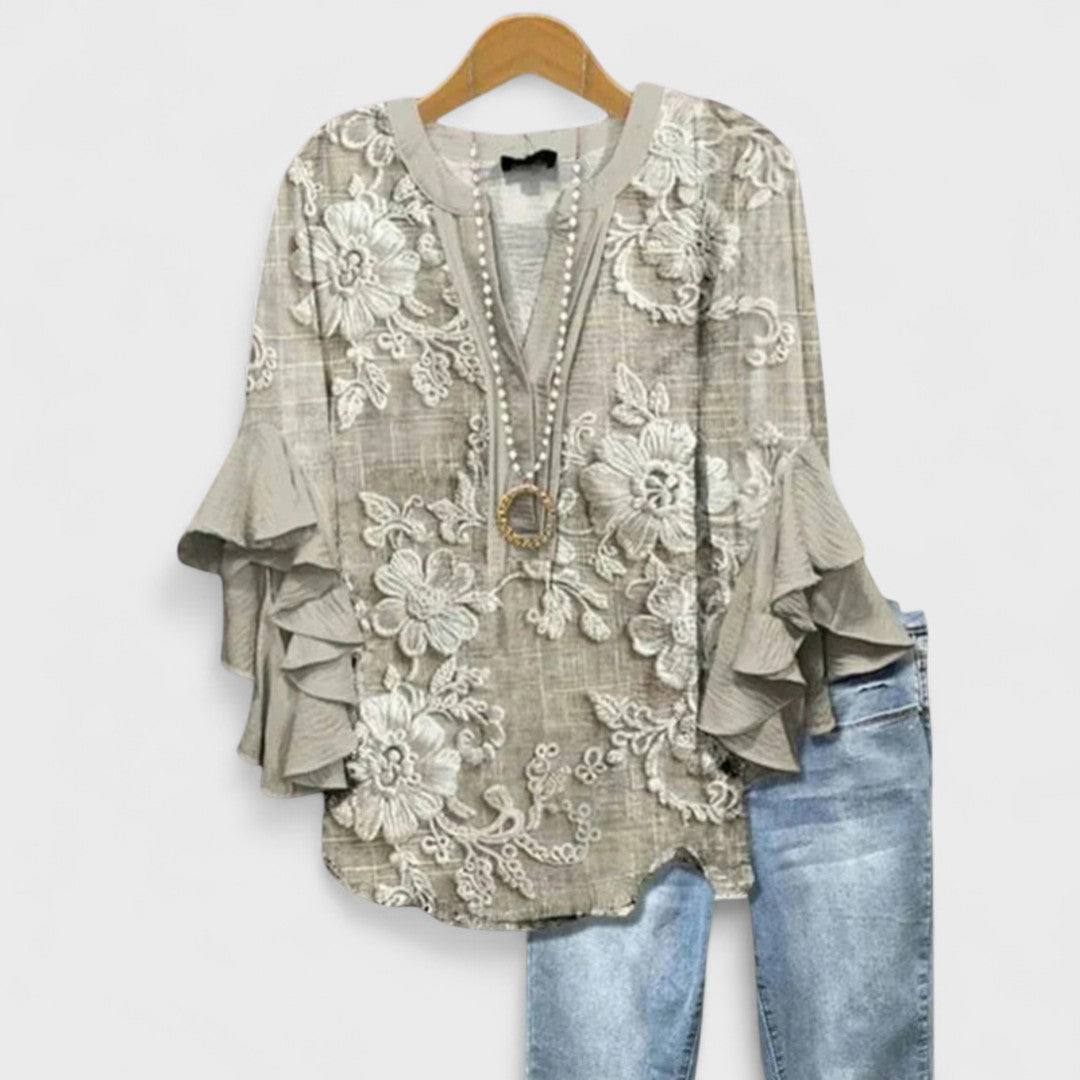 Floral Print V-Neck Ruffle Bell Sleeve Blouse 8