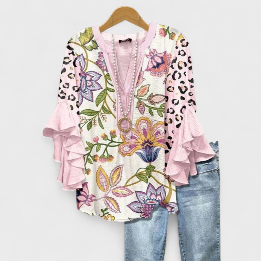 Floral Print V-Neck Ruffle Bell Sleeve Blouse 9