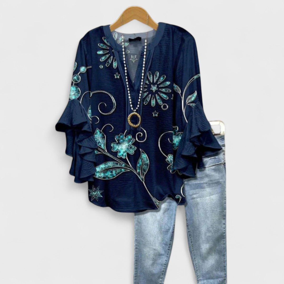 Floral Print V-Neck Ruffle Bell Sleeve Blouse 10