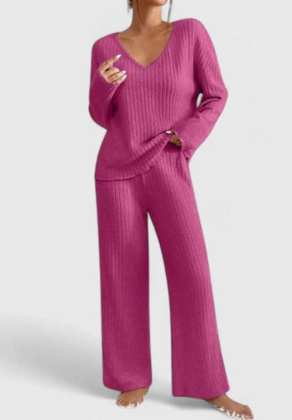 Ribbed Knit V-Neck Top and Wide Leg Pants Two Piece Set 6