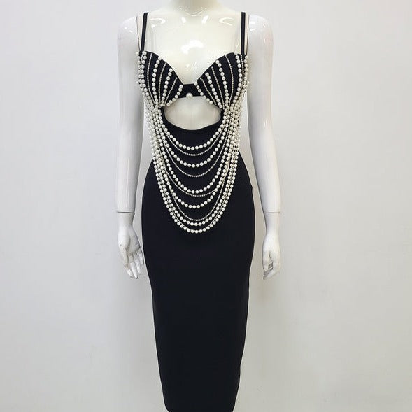 Pearl Beaded Strappy Cutout Bodycon Midi Dress