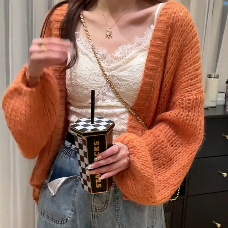 Orange Lantern Sleeve Open Stitch Loose Spring Cardigan