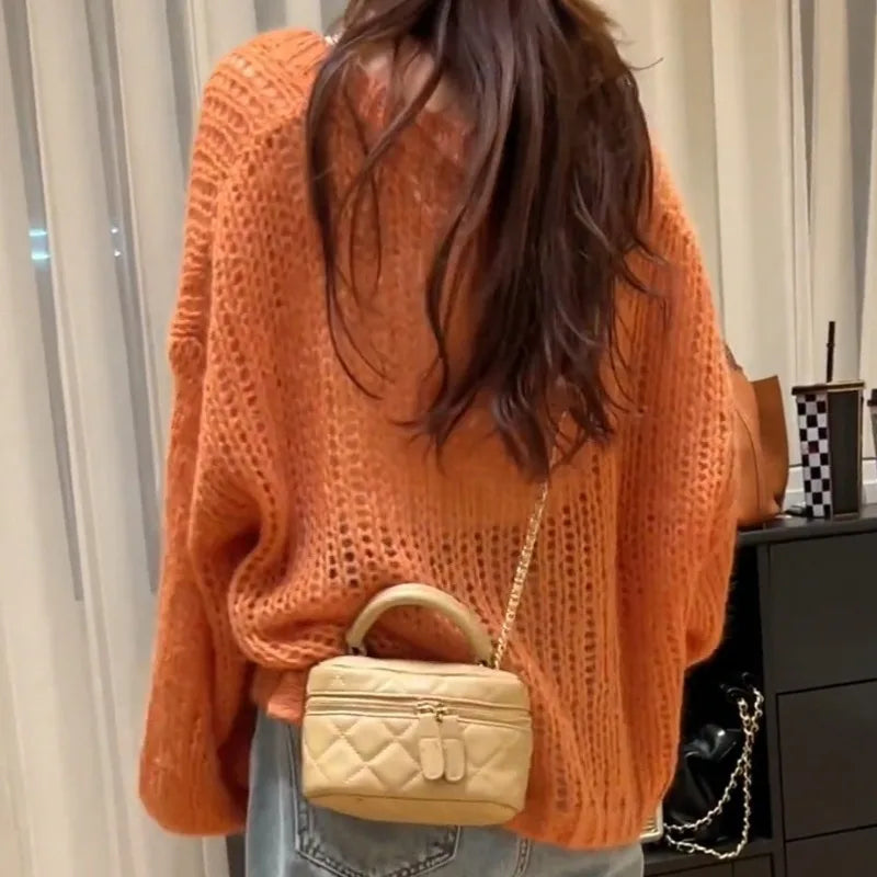 Orange Lantern Sleeve Open Stitch Loose Spring Cardigan