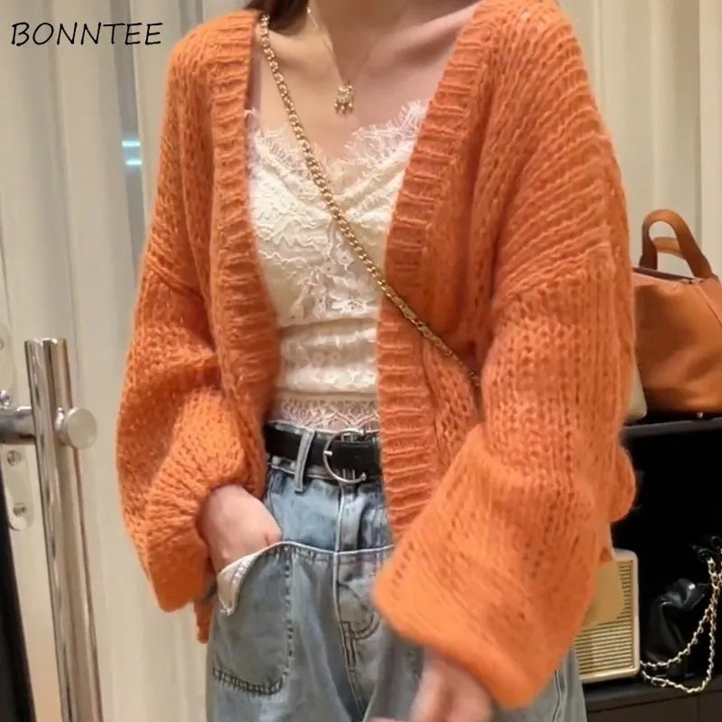 Orange Lantern Sleeve Open Stitch Loose Spring Cardigan