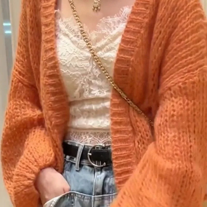 Orange Lantern Sleeve Open Stitch Loose Spring Cardigan