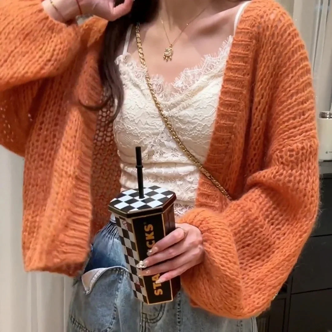 Orange Lantern Sleeve Open Stitch Loose Spring Cardigan