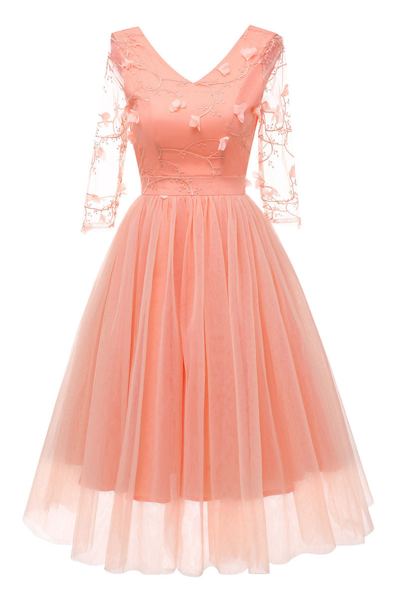 Embroidered Tulle V-Neck 3/4 Sleeve A-Line Midi Dress 6