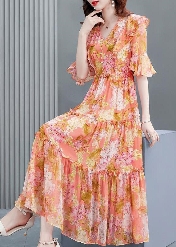 Floral Print V-Neck Pearl Button Flutter Sleeve Tiered Maxi Dress