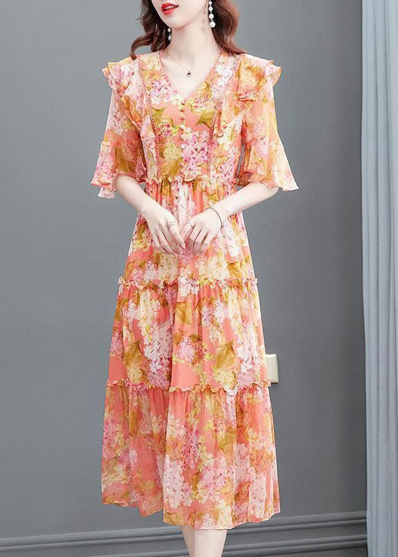 Floral Print V-Neck Pearl Button Flutter Sleeve Tiered Maxi Dress - View 2