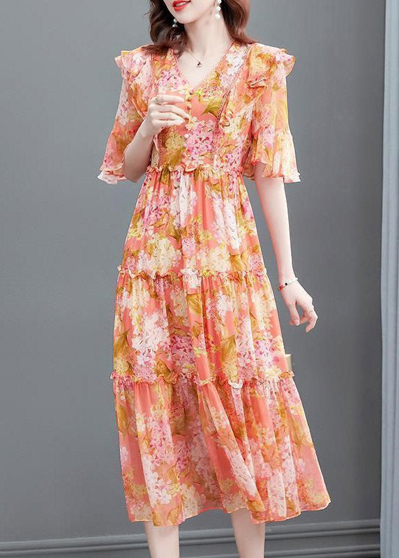 Floral Print V-Neck Pearl Button Flutter Sleeve Tiered Maxi Dress - View 3