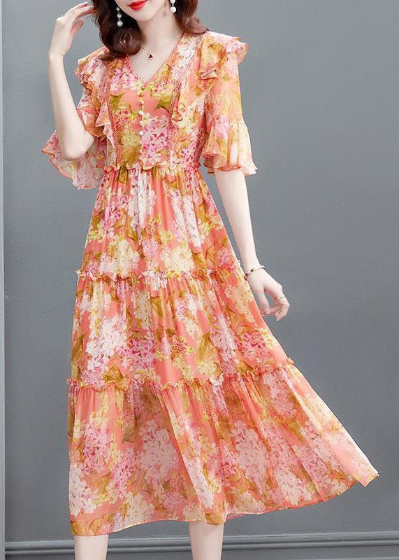 Floral Print V-Neck Pearl Button Flutter Sleeve Tiered Maxi Dress - View 4