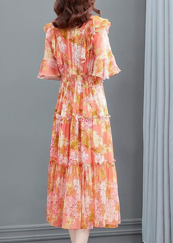 Floral Print V-Neck Pearl Button Flutter Sleeve Tiered Maxi Dress - View 5