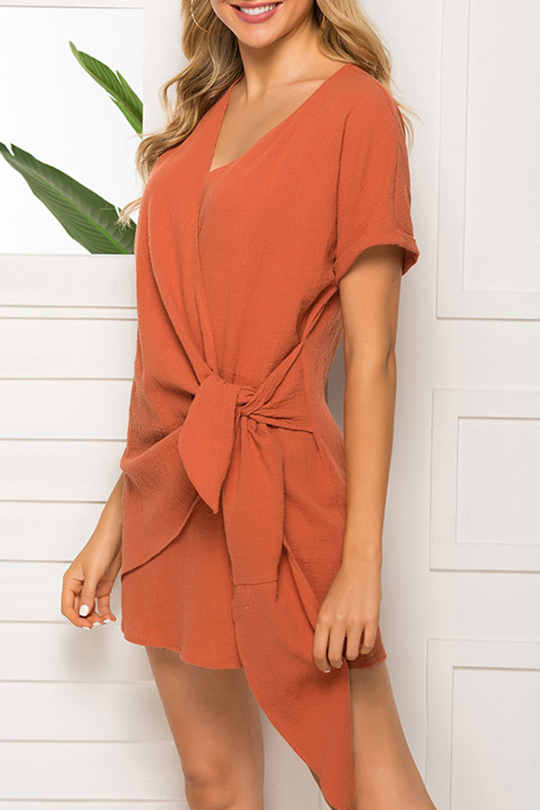 V-neck Tie Front Wrap Dress - Fashionpara