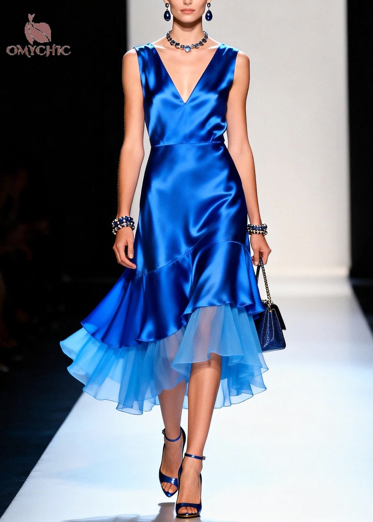 Sleeveless V-Neck Floral Satin Asymmetric Tiered Chiffon Midi Dress