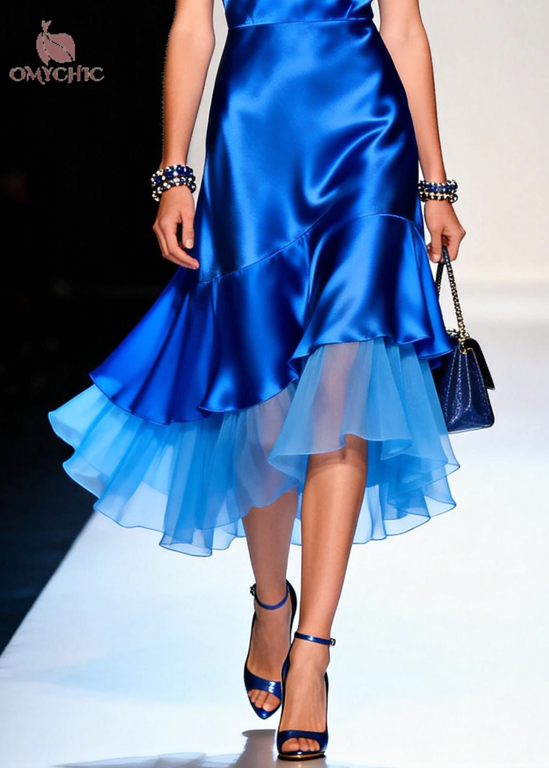 Sleeveless V-Neck Floral Satin Asymmetric Tiered Chiffon Midi Dress - View 4