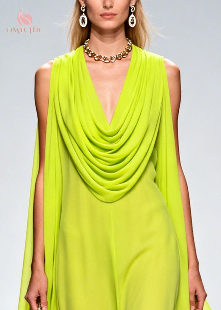 Sleeveless Cowl Neck Cape Wing Floral Trim High Low Chiffon Maxi Dress - View 2
